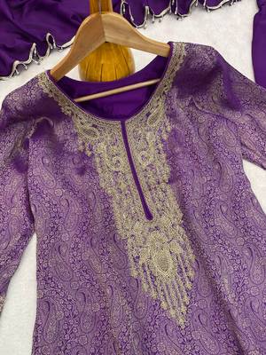 Purple silk blend readymade suit with embroidery & beads work 3