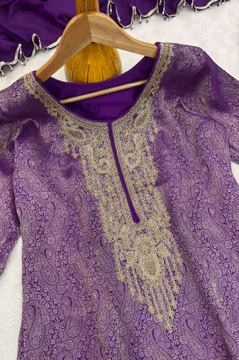 Purple silk blend readymade suit with embroidery & beads work
