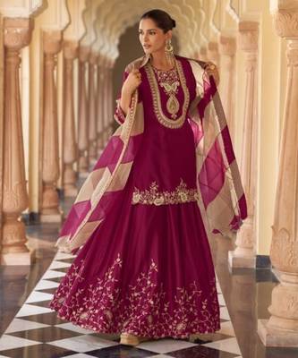 Purple chinon readymade suit with embroidery & mirror work 1