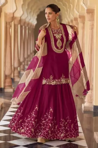 Purple chinon readymade suit with embroidery & mirror work