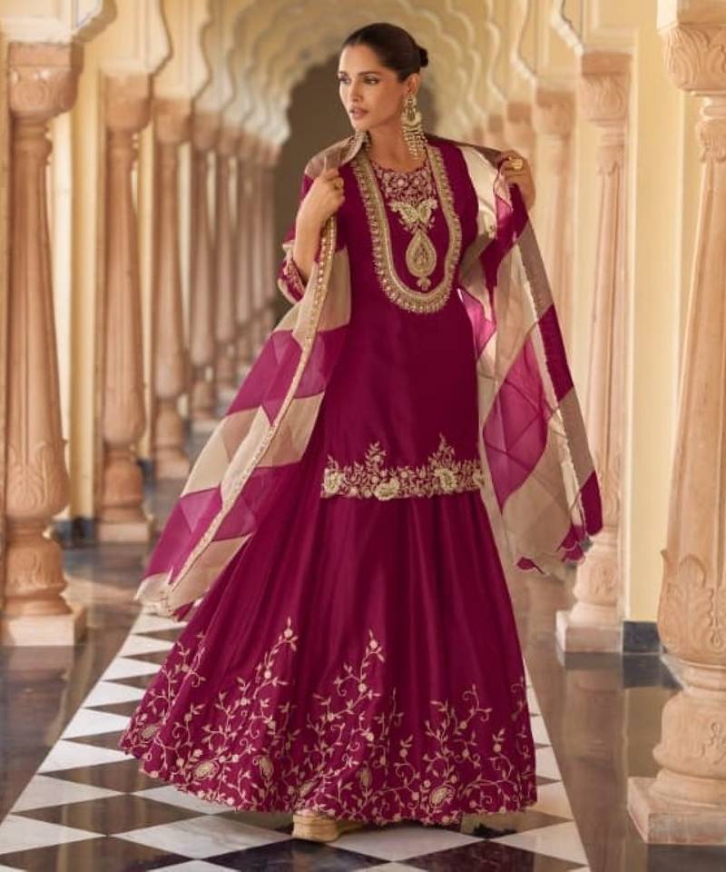 Purple chinon readymade suit with embroidery & mirror work