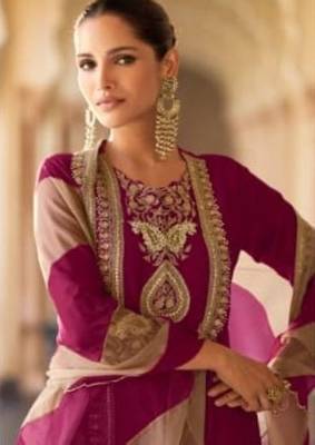 Purple chinon readymade suit with embroidery & mirror work 2