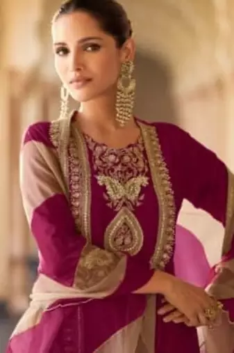 Purple chinon readymade suit with embroidery & mirror work