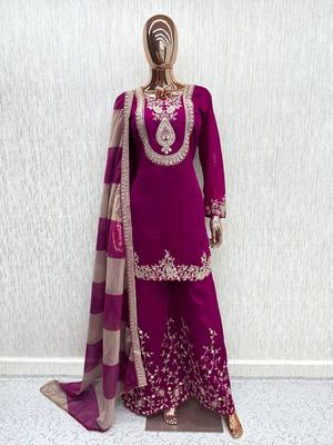 Purple chinon readymade suit with embroidery & mirror work 3