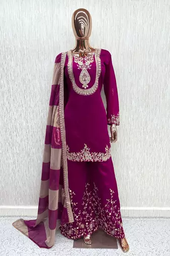 Purple chinon readymade suit with embroidery & mirror work