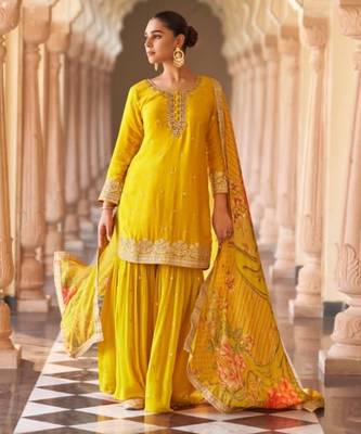 Yellow chinon readymade suit with embroidery & mirror work 1
