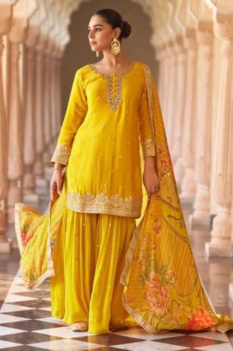 Yellow chinon readymade suit with embroidery & mirror work