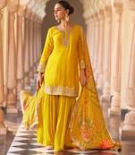 Yellow chinon readymade suit with embroidery & mirror work