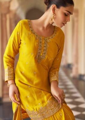 Yellow chinon readymade suit with embroidery & mirror work 2