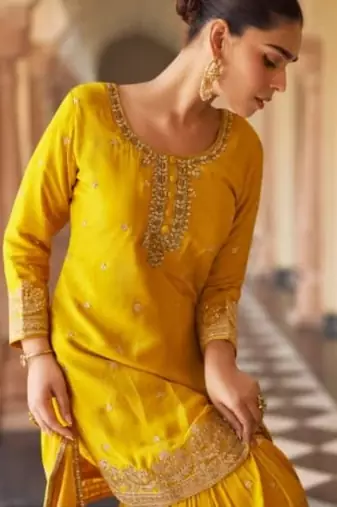 Yellow chinon readymade suit with embroidery & mirror work