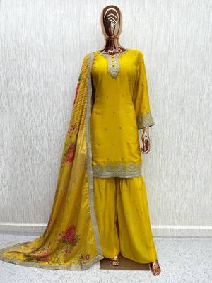Yellow chinon readymade suit with embroidery & mirror work 3