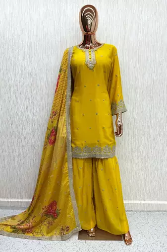 Yellow chinon readymade suit with embroidery & mirror work
