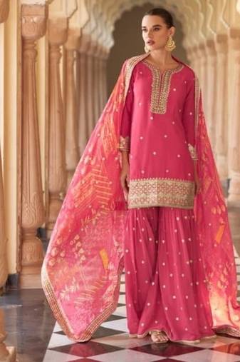 Pink chinon readymade suit with embroidery & mirror work