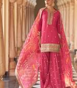 Pink chinon readymade suit with embroidery & mirror work
