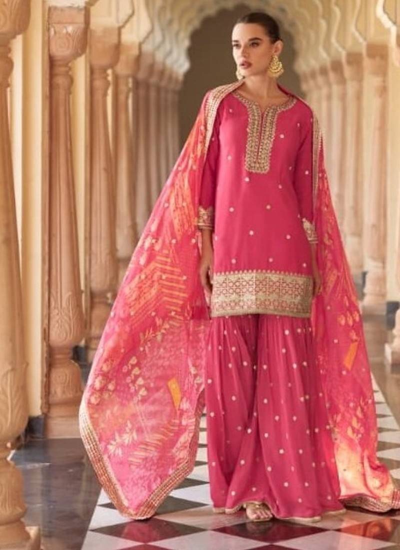 Pink chinon readymade suit with embroidery & mirror work