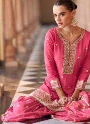 Pink chinon readymade suit with embroidery & mirror work 2