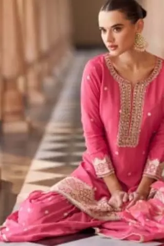 Pink chinon readymade suit with embroidery & mirror work