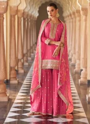 Pink chinon readymade suit with embroidery & mirror work 3