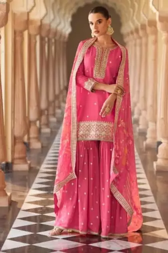 Pink chinon readymade suit with embroidery & mirror work