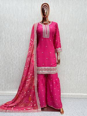 Pink chinon readymade suit with embroidery & mirror work 4