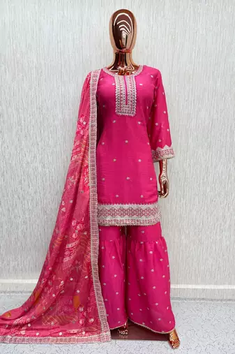 Pink chinon readymade suit with embroidery & mirror work
