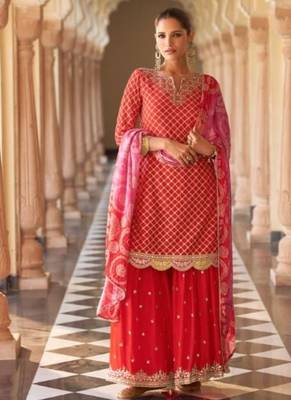 Orange chinon readymade suit with embroidery & mirror work 1