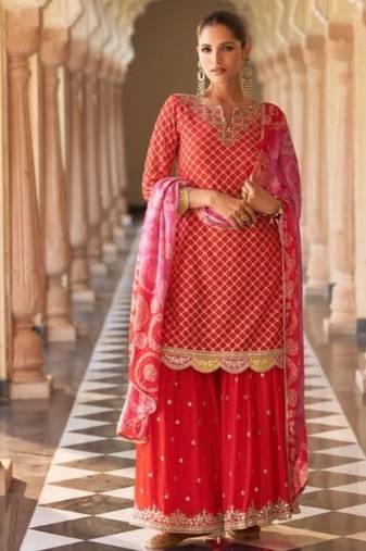 Orange chinon readymade suit with embroidery & mirror work