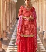Orange chinon readymade suit with embroidery & mirror work