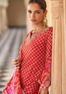 Orange chinon readymade suit with embroidery & mirror work 2