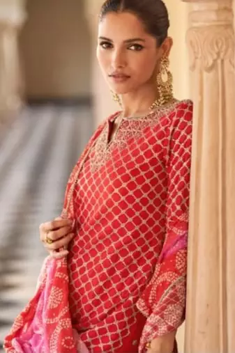 Orange chinon readymade suit with embroidery & mirror work