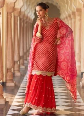 Orange chinon readymade suit with embroidery & mirror work 3