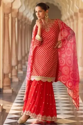Orange chinon readymade suit with embroidery & mirror work