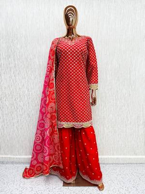 Orange chinon readymade suit with embroidery & mirror work 4