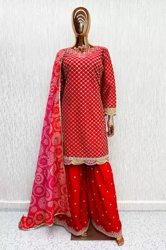 Orange chinon readymade suit with embroidery & mirror work