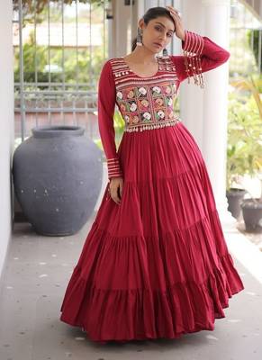 Navratri special reyon kutchi gamthi embroidered mirror work gown 12 meter flair  1
