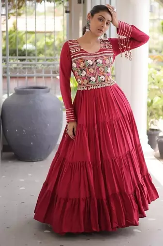 Navratri special reyon kutchi gamthi embroidered mirror work gown 12 meter flair 
