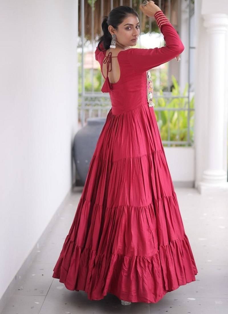 Navratri special reyon kutchi gamthi embroidered mirror work gown 12 meter flair 