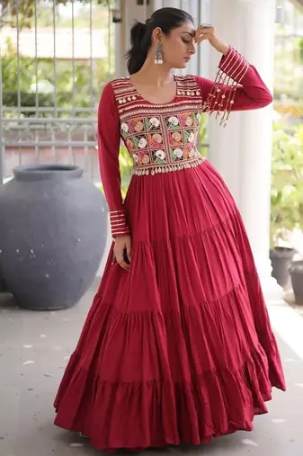 Navratri special reyon kutchi gamthi embroidered mirror work gown 12 meter flair 