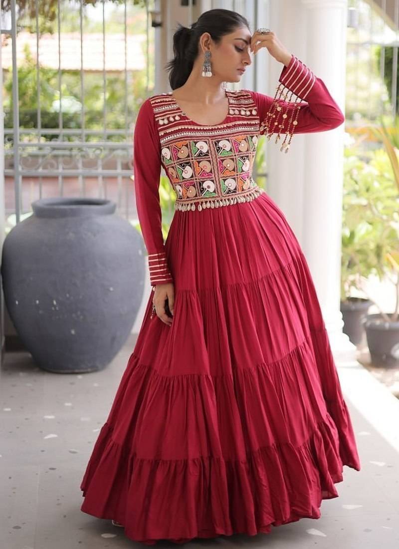 Navratri special reyon kutchi gamthi embroidered mirror work gown 12 meter flair 