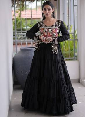 Navratri special reyon kutchi gamthi embroidered mirror work gown 12 meter flair  1
