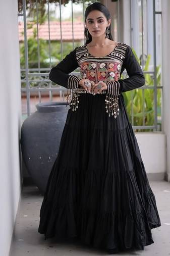 Navratri special reyon kutchi gamthi embroidered mirror work gown 12 meter flair 
