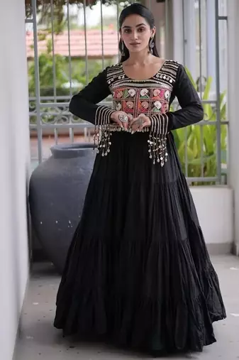 Navratri special reyon kutchi gamthi embroidered mirror work gown 12 meter flair 
