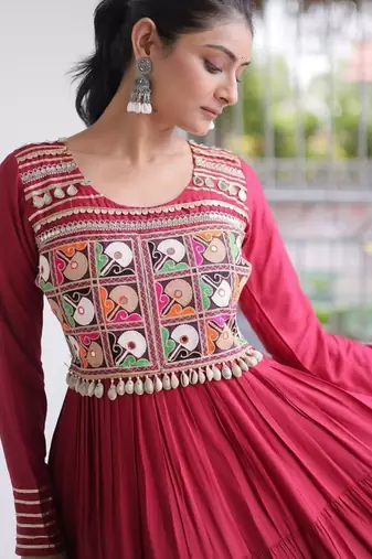 Navratri special reyon kutchi gamthi embroidered mirror work gown 12 meter flair 