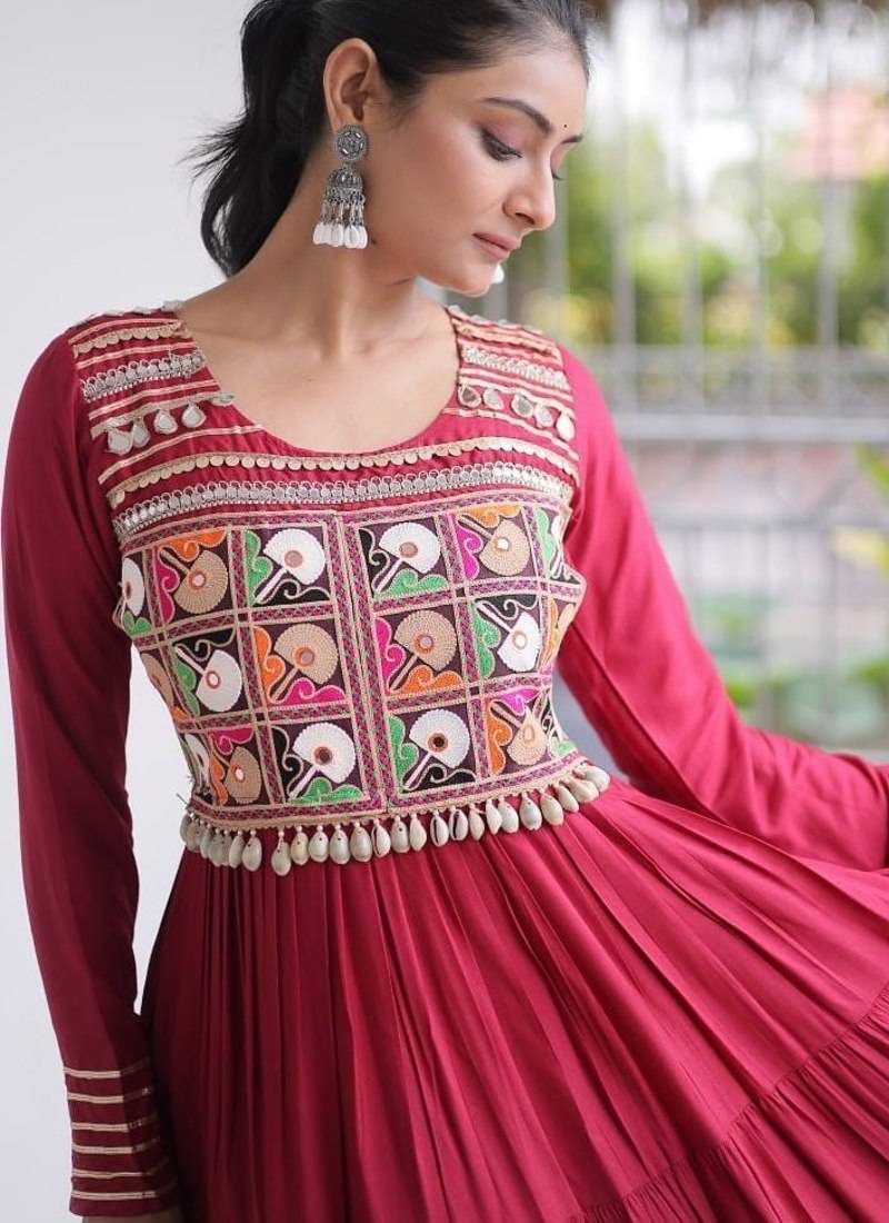 Navratri special reyon kutchi gamthi embroidered mirror work gown 12 meter flair 