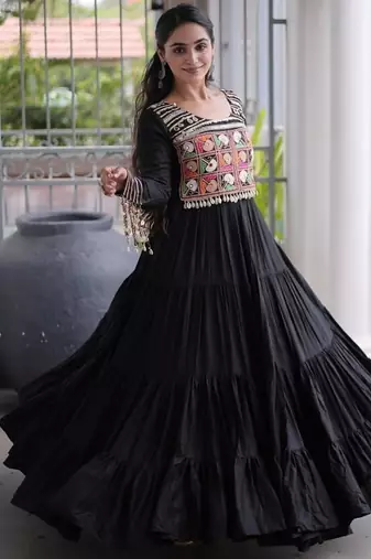 Navratri special reyon kutchi gamthi embroidered mirror work gown 12 meter flair 