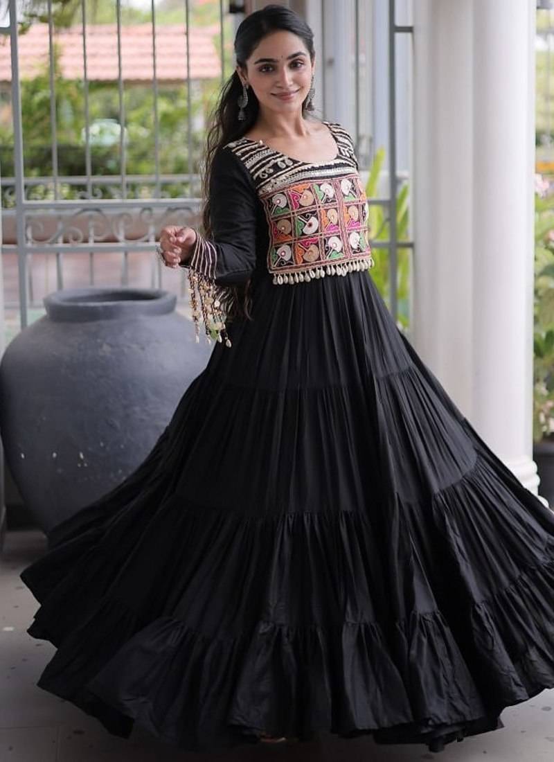 Navratri special reyon kutchi gamthi embroidered mirror work gown 12 meter flair 