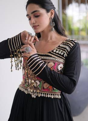 Navratri special reyon kutchi gamthi embroidered mirror work gown 12 meter flair  4