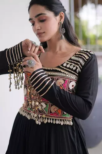 Navratri special reyon kutchi gamthi embroidered mirror work gown 12 meter flair 