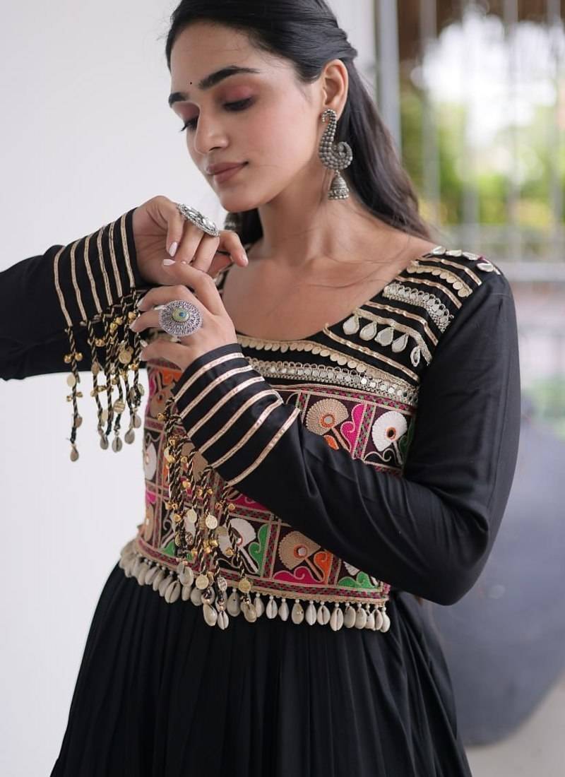 Navratri special reyon kutchi gamthi embroidered mirror work gown 12 meter flair 