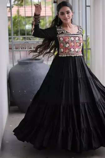 Navratri special reyon kutchi gamthi embroidered mirror work gown 12 meter flair 